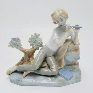 Vintage Lladro STYLE Porcelain Figurine Student Playing Flute With Bird & Tree,